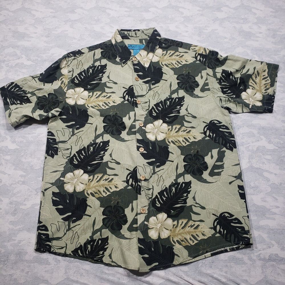 Paradise Blue Hawaiian Shirt Mens XL Green Silk Blend Short Sleeve Button Aloha‎
